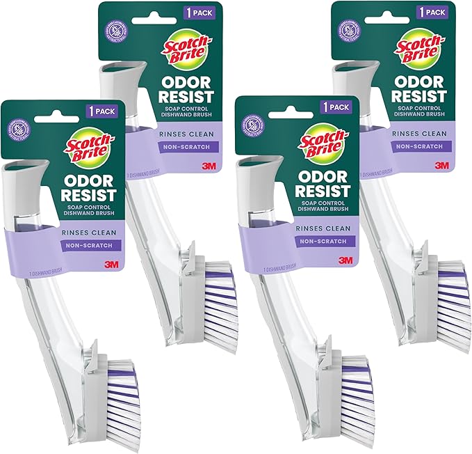 Scotch-Brite Odor Resist Soap Control Dishwand Brush, Non-Scratch Cleaning Brush with Scraper, Stands Upright, 4-Pack