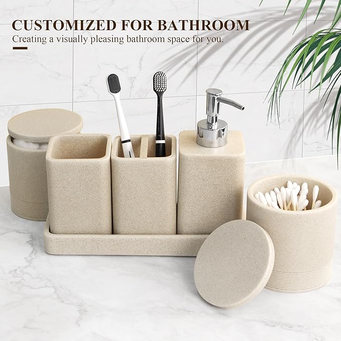 Bathroom Accessories Set, 6 Piece Bathroom Set with Toothbrush Holders, Soap Dispenser, Vanity Tray, Tumbler, Cotton Swab Jars, Bathroom Organizer,Bathroom Sink Sets, Stone Beige