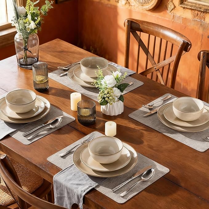 AmorArc Stoneware Dinnerware Sets for 6, 18 Pieces Handpainted Ceramic Plates and Bowls Set, Scratch Resistant Dishes Set, Dishwasher & Microwave Safe, Cappuccino