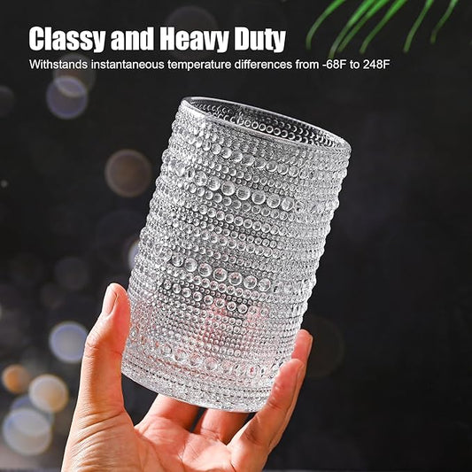 Hobnail Drinking Glasses with Straws 15oz Vintage Glassware Set of 6 Embossed Vintage Water Cups, Highball Glasses for Cocktail,Whiskey,Beer and Juic