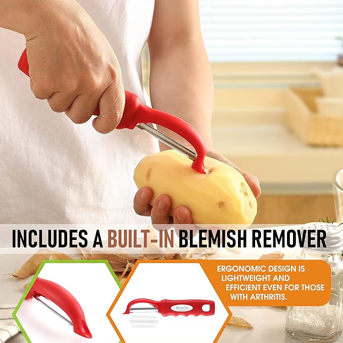 Spring Chef Professional Red Swivel Vegetable Peeler for Kitchen, Stainless Steel Potato Peelers with Soft Grip Handle, Perfect for Peeling Apple, Veggie, Fruit, Carrot, Dishwasher Safe - Set of 2