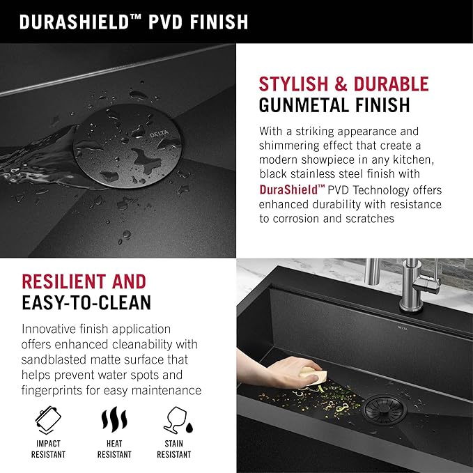 DELTA FAUCET Rivet 33 In Black Stainless Steel Retrofit Farmhouse Apron Front Workstation Kitchen Sink Single Bowl/PVD Gunmetal Finish w/ Accessories for Top Mount Drop-In Installation,95D9031-T33S-GS