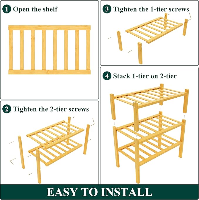 Smiry Shoe Rack, 3 Tier Small Bamboo Shoe Organizer, Stackable Free Standing Wooden Shoe Storage Shelf for Closet, Entryway, Front Door Entrance, Natural