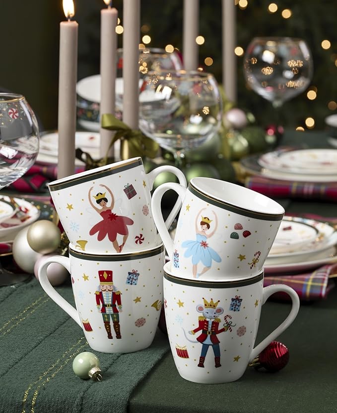 Lenox Coffee Mugs, Set Of 4 Nutcracker Ballet 13 Oz Coffee Mugs, Porcelain Material with Gold Accents, Dishwasher and Microwave Safe, Assorted Nutcracker Design, Christmas Decorations (13 Oz, 4 Piece)