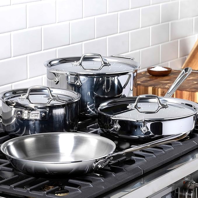 All-Clad D3 3-Ply Stainless Steel Cookware Set – 7-Piece Pots and Pans Set, Induction, Oven Broiler Safe 600F - Includes Frying Pans, Saucepans, Sauté Pan, Stockpot, Professional Cookware – Silver