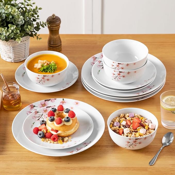 VEWEET Porcelain Dinnerware Sets for 4, 12 Pieces Plates and Bowls Set with Pink Floral, Kitchen Dishes Set Dining Ware for Family, Microwave and Dishwasher Safe, Series ANNIE
