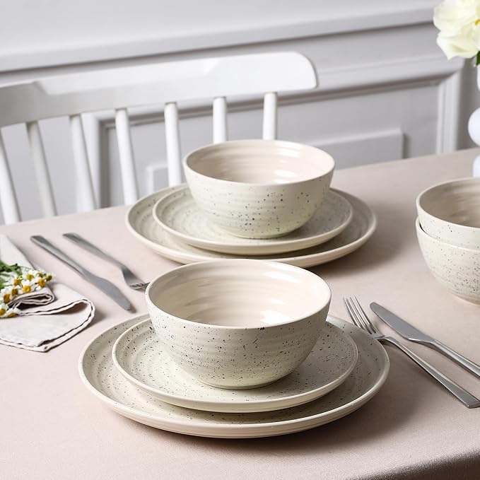 Stone Lain Dua 24-Piece Dinnerware - Stoneware, Plate and Bowls, Dishwasher and Microwave Safe, Dish Set for 8, White