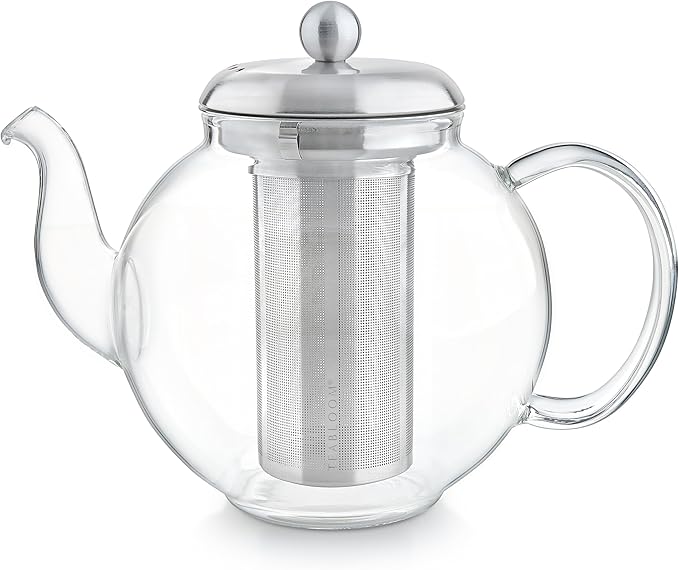 Teabloom Heritage Borosilicate Glass Teapot – 40 oz Classic Round Design with Stainless Steel Infuser – Stovetop Safe, Drip-Free Spout, Durable Heat-Resistant Tea Kettle for Loose Leaf or Teabags