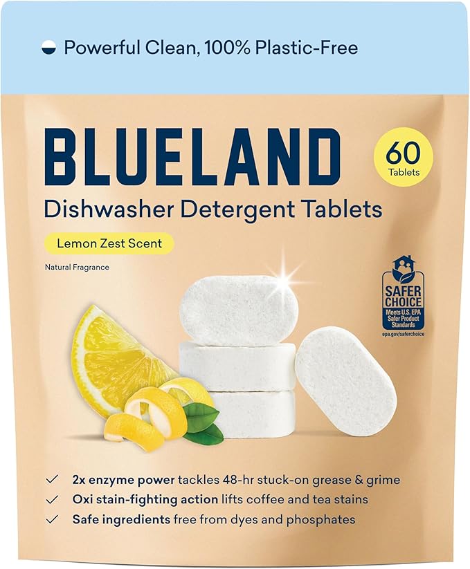 BLUELAND 100% Plastic-Free Dishwasher Detergent Tablets, 60 Count, Lemon Zest Scent, Eco Friendly Dishwashing Pods, Natural, USDA Certified biobased