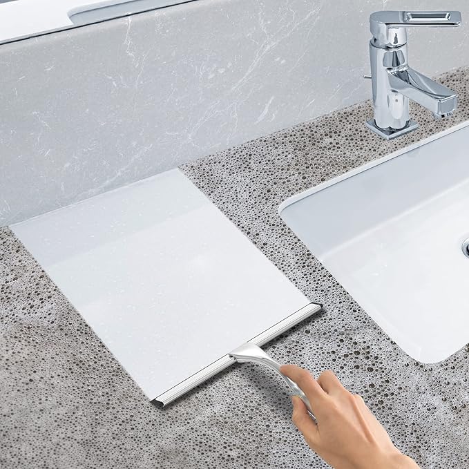 All-Purpose Stainless Steel Shower Squeegee for Shower Doors with 2 Adhesive Hooks, Bathroom Cleaner Tool Household Window Mirror Squeegee for Home Cleaning, Glass Door, Tile Wall, Car, 12 Inch Silver