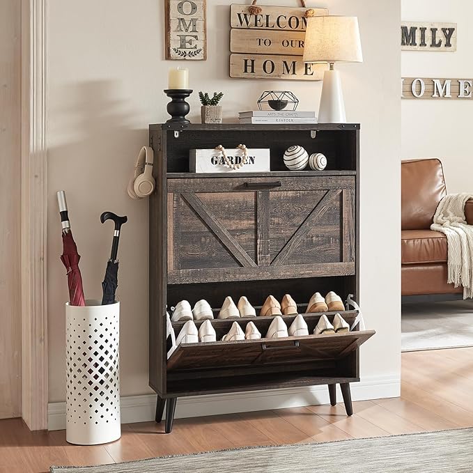Shoe Storage Cabinet,Farmhouse Shoe Organizer with 2 Flip Drawers & Barn Door Design,Freestanding Hidden Slim Narrow Shoe Rack Cabinet with Open Storage for Entryway, Foyer,Hallway, Dark oak