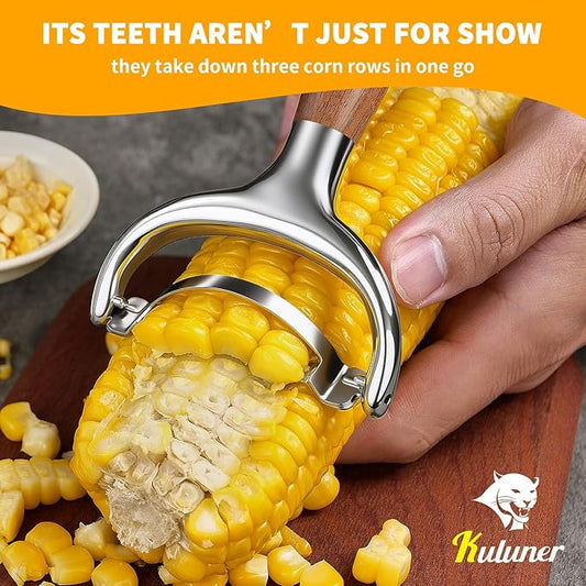 KULUNER Durable Stainless Steel Corn Peeler with Polished Wood Handle Corn on the Cob Stripper Kernel Remover Easy Use Corn Kernel Cutter Kitchen Gadget(Burma Teak)