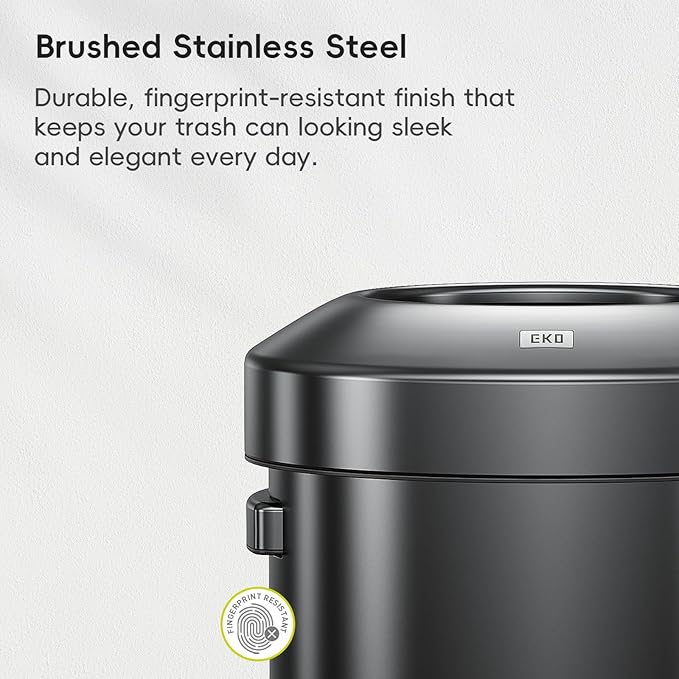 EKO 16-Gallon Round Black Stainless Steel Open Top Trash Can, Large Commercial Waste Bin with Detachable Lid and Carrying Handle, Brushed Metal Garbage Bin for Home, Office, Restaurant, Restroom
