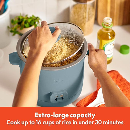 bella 16 Cup Rice Cooker with Steamer, Dishwasher Safe Steaming Basket, Rice Paddle and Measuring Cup, Removable Nonstick Cooking Bowl, Automatic Keep Warm Function, 400 Watt, Surf