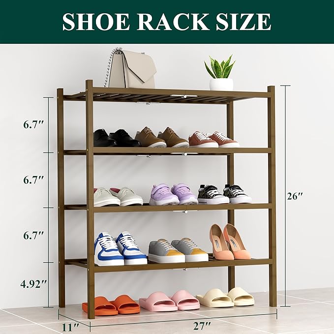 Smiry Shoe Rack, 4 Tier Thick Bamboo Shoe Organizer, Stackable Free Standing Wooden Shoe Storage Shelf for Closet, Entryway, Front Door Entrance, Walnut