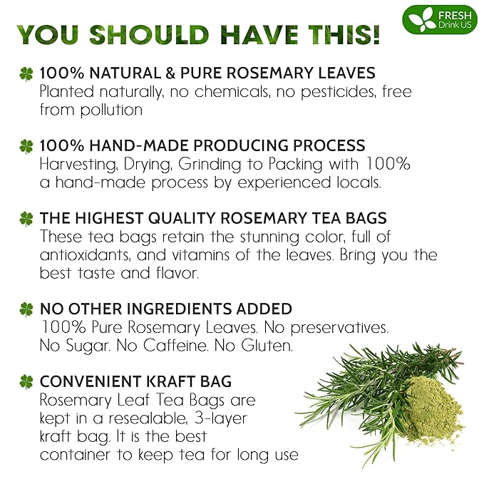 FreshDrinkUS, Premium 40 Rosemary Leaf Tea Bags, 100% Natural and Pure Rosemary Dried Leaves, Pure Herbal Tea, No Additives, No Caffeine, No Gluten, Vegan.