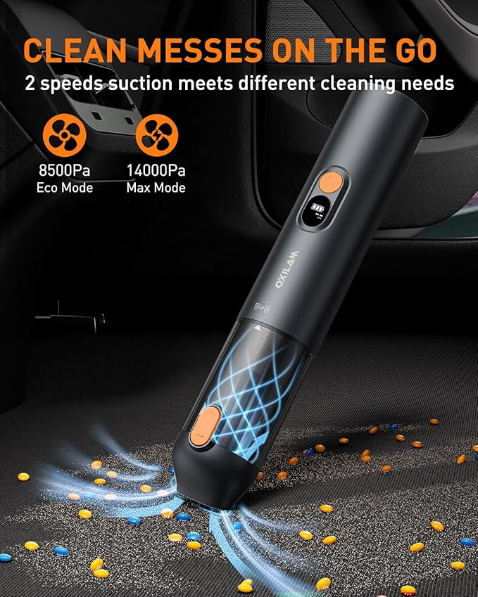 OXILAM Car Vacuum Portable - Handheld Vacuum Cordless 14000PA High Power, Blow & Suction 2 in 1, Up to 30 Mins Runtime, Cordless Vacuum Cleaner for Home, Car, Office, Gifts for Men & Women