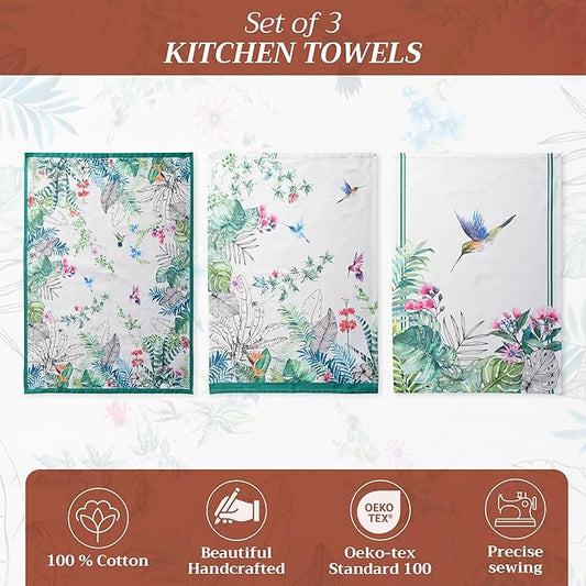 Maison d' Hermine Kitchen Towels Set of 3 100% Cotton 27.50" x 20" Reusable Cloth Tea Dish Towels Absorbent with Hanging Loop for Kitchen, Home, Dining, Cocktail Parties Spring/Summer (Tropiques)
