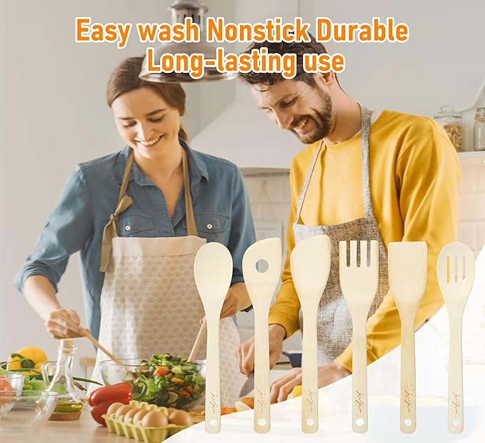 Wooden Spoons & Spatulas 6-Piece Bamboo Kitchen Utensil Set - Natural Material Scraper & Strainer Cooking Tools