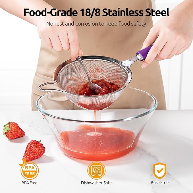 U-Taste Medium Fine Mesh Strainer: 18/8 Stainless Steel 4.73in 30 Mesh Kitchen Food Sieve with Sturdy Riveted Silicone Handle, Heavy Duty Deep Handheld Metal Colander for Rice, Quinoa, Flour (Purple)