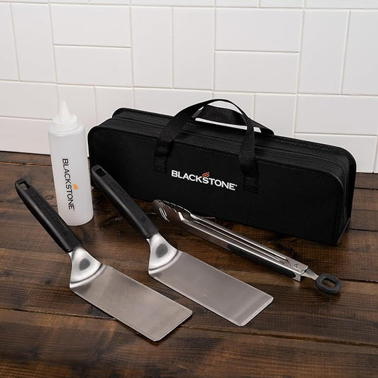 Blackstone 5481 Tabletop 5 Piece Griddle Tool Kit- Outdoor Indoor Grill BBQ Utensils, 2 Stainless Steel Spatulas, 1 Classic Tong, 16Oz Squeeze Bottle, 1 Portable Carry Bag, Black, Silver, White