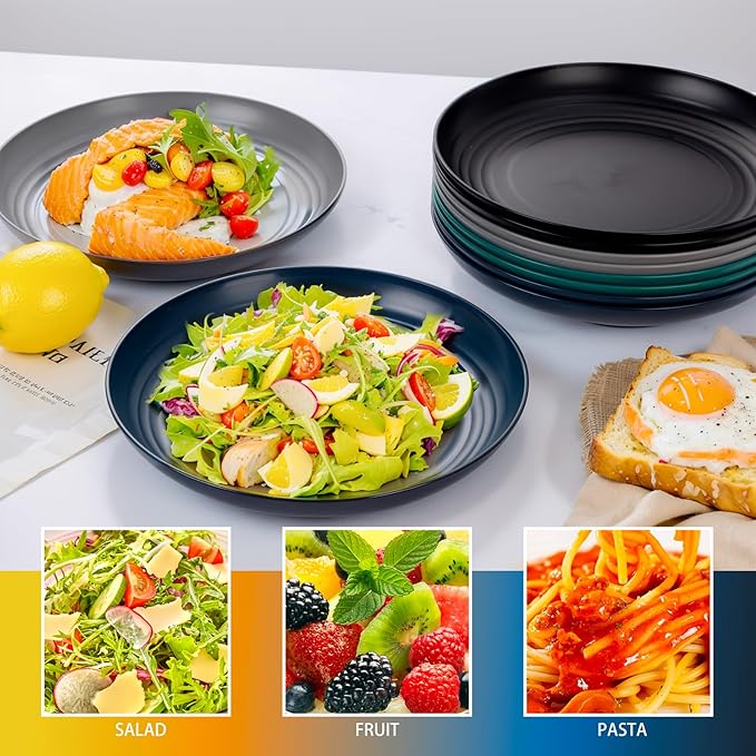Supernal 10" Wheat Straw Dinner Plates,Reusable&Durable Plastic Plates Dishwasher Safe,16-Pack (4 Black, 4 Dark Green, 4 Dark Blue, 4 Dark Gray), Versatile Tableware for Modern Dining and Outdoor Use
