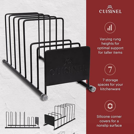 Cuisinel Pot Lid and Dish Organizer Rack - Matte Black Kitchen Storage/Organization Stand - 7-Tier Cabinet/Counter, Cookware, Pots and Pan Lids/Covers, Cutting Board Holder Organizer