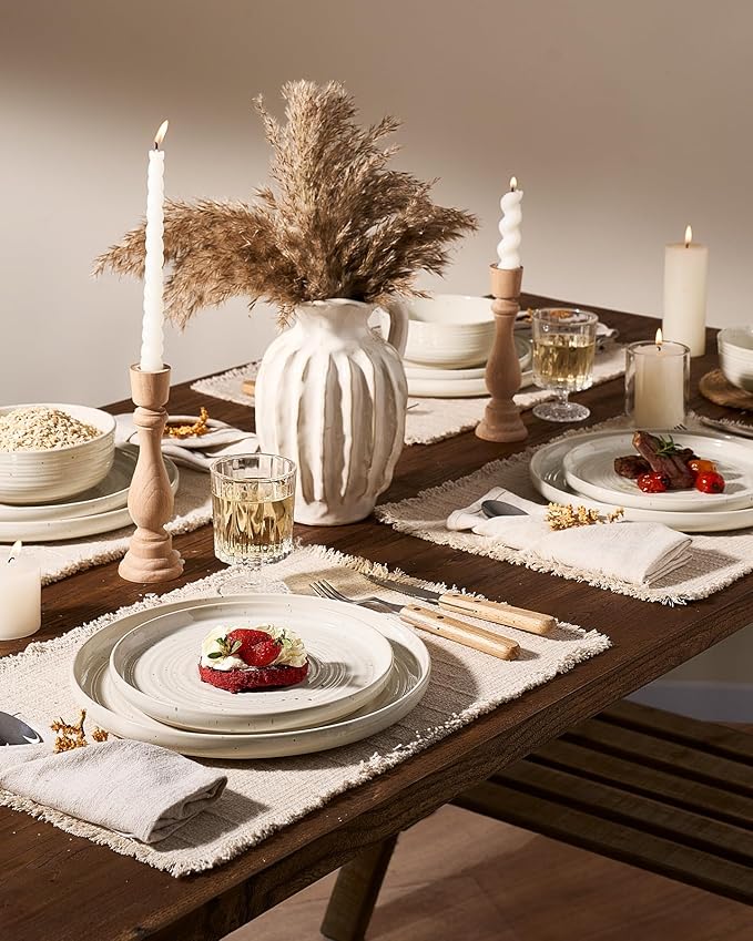 Plates and Bowls Sets for 6, Famiware Premium 18-Piece Stoneware Dinnerware Set, Spiral Flared Dish Set with Speckles & Reactive Glaze - Microwave & Dishwasher Safe Tableware, Shell Beige