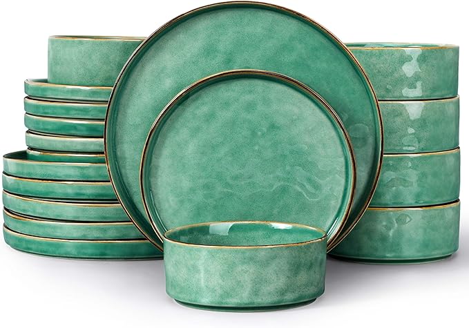 LIANYU Dinnerware Sets for 6, 18 Piece Plates and Bowls Dish Set, Ceramic Dinner Ware Dishware for Kitchen Dining, Microwave & Dishwasher Safe, Emerald Green