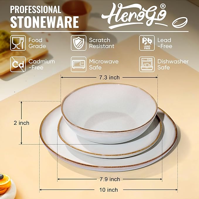 Herogo 18 Piece Stoneware Dinnerware Sets for 6, Plates and Bowls Dinner Dish Set, Irregular Handmade Dinning Ware Dishware for Home Kitchen, Microwave & Dishwasher Safe, Pearl White