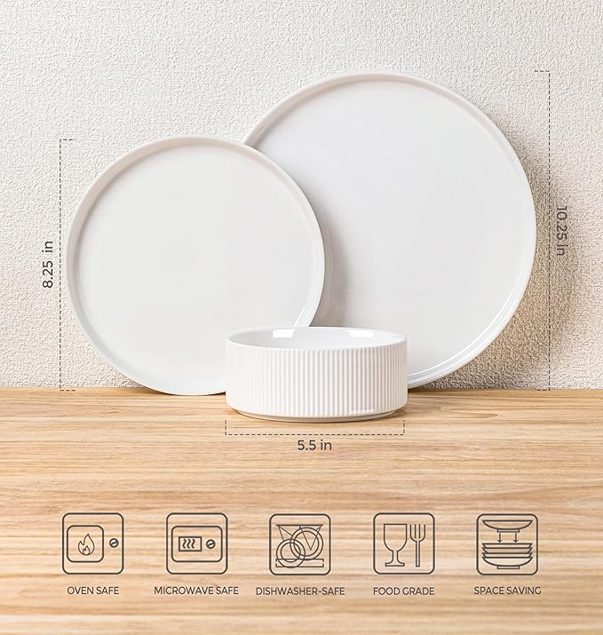 TheTerra Ceramic Dinnerware Sets for 4, 12 Pieces Porcelain Lightweight Plates and Bowls Sets, Scratch Resistant Dish Set, Oven & Microwave & Dishwasher Safe, Bright White