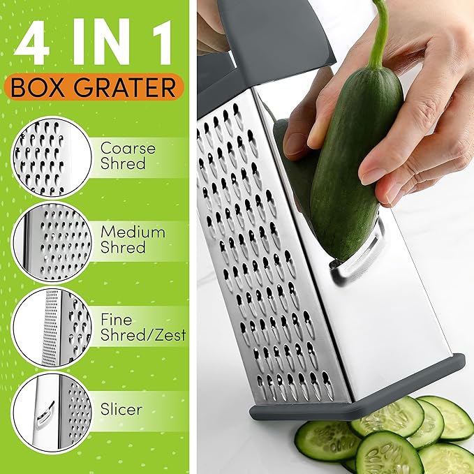 Spring Chef Professional Gray 10" Stainless Steel Parmesan Cheese Grater with Handle, 4 Sided Handheld Box Grater, Kitchen Carrot Shredder for Potato, Cheese, Ginger, Vegetables, Hashbrown