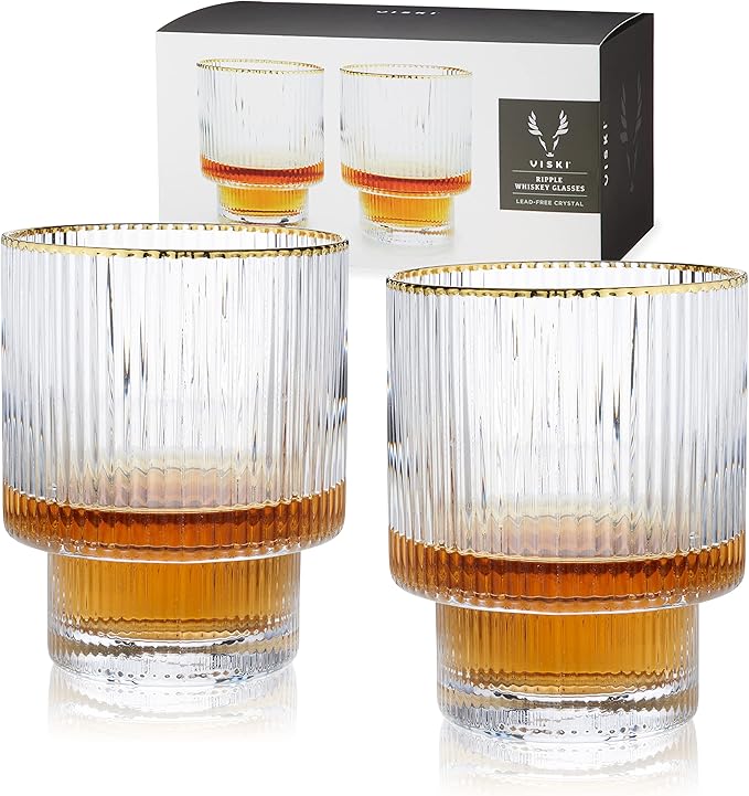 Viski Meridian Lowball Glasses Set of 2 - Premium Crystal Clear Vintage Drinking Tumblers for Whiskey, Scotch & Bourbon in Art Deco Ripple Glassware Design, Gold Rimmed Glassware Gift Set, 12 oz