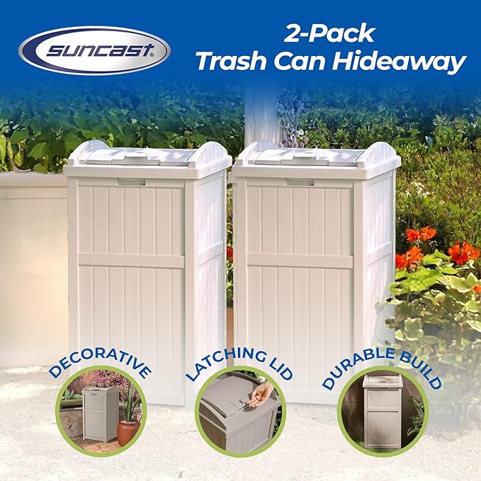 Suncast 2 Pack 15.75" x 16" x 31.6" Trash Hideaway 33 Gallon Resin Outdoor Commercial Garbage Container with Lid for Backyard, Deck, or Patio in Taupe