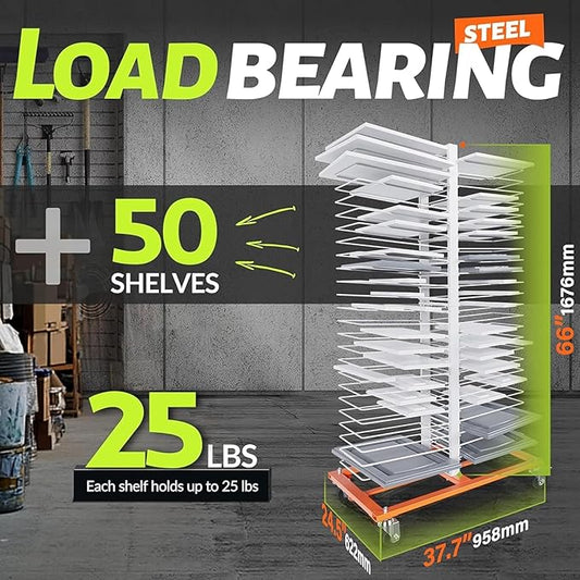 50 Shelves Paint Cabinet Drying Rack with 4 Caster Wheels, Cabinet Drying Rack, 25lbs/Shelf Capacity, Space Saving, Modern Style, Orange & White, Steel