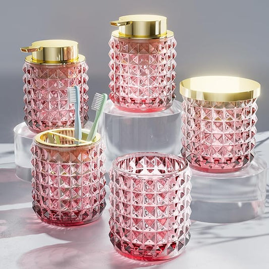 Bathroom Set Pink Bathroom Accessories Set Glass Bathroom Accessories Pink Bathroom Accessory Diamond Soap Dispenser and Toothbrush Holder Sets for Bathroom Decor