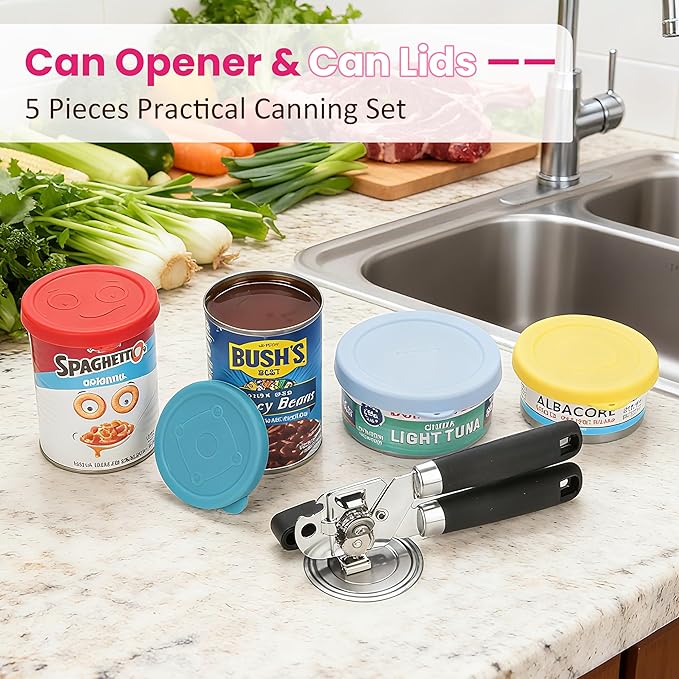 5 PCs Practical Canning Lid Set โ 1 Pack Magnetic Can Opener Bundle with 4 Packs Silicone Can Lids, Fit 3.0''|3.2''|3.5''|4.0'' Canned Food | Stainless Steel Can Opener Manual | Holiday Kitchen Set