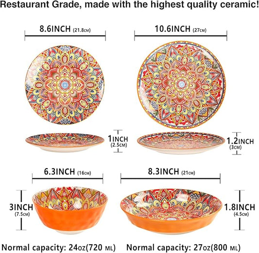 Mandala Dinnerware Sets (16 PCS) Serves for 4, Buffet Dinnerware, Boho Plates and Bowls Set with 8.3" salad Plate 8.6"/10.6"dinner Plate 6.4" bowl, apply Indoor Outdoor Dining