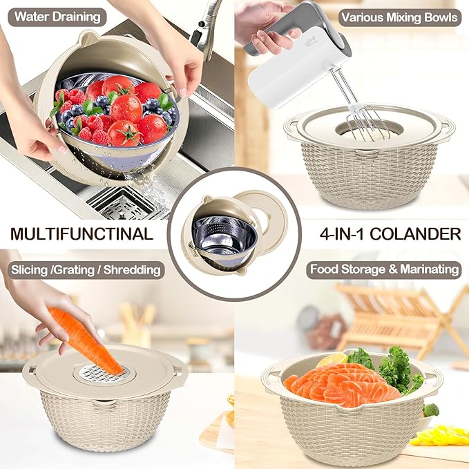 Colanders, 4-1 Colander with Mixing Bowls Set, Strainers for Kitchen, Food Strainers with Grater, Kitchen Gadgets Strainer Basket for Draining Pasta, Vegetable, Fruit & Veggie Washerl,Beige