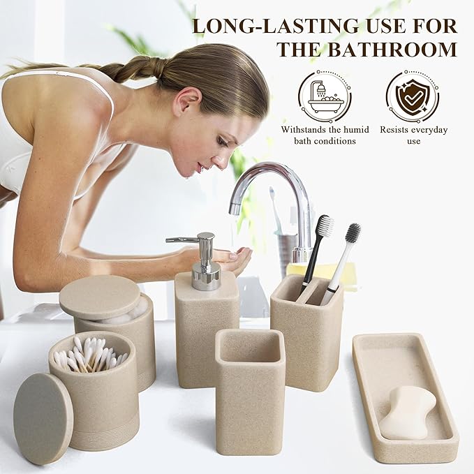 Bathroom Accessories Set, 6 Piece Bathroom Set with Toothbrush Holders, Soap Dispenser, Vanity Tray, Tumbler, Cotton Swab Jars, Bathroom Organizer,Bathroom Sink Sets, Stone Beige