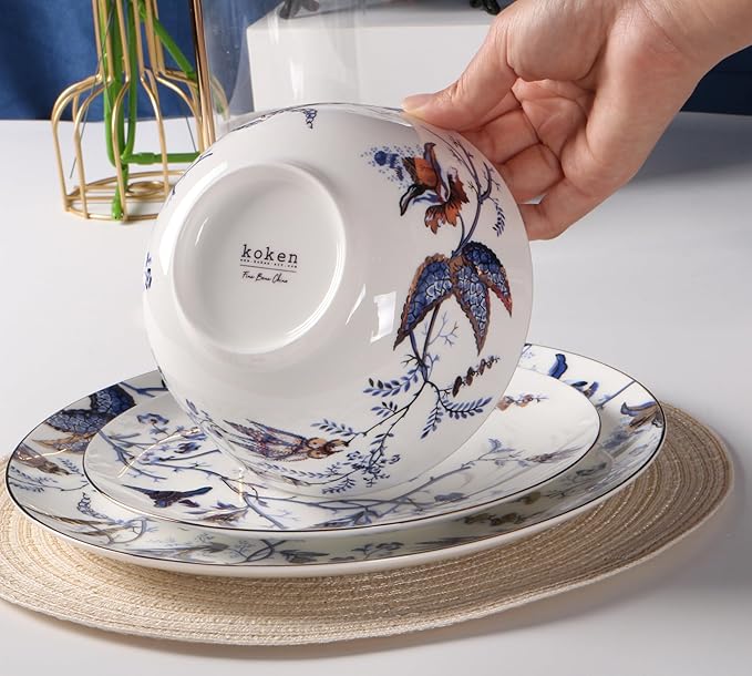 Bulgary Plates and Bowls Sets Dishes Set for 4, Ceramic Plates and Bowls Set, Service for 4, Bone China Dinnerware Set Salad Dessert Plates, and Cereal Bowls Set, Microwave safe by KOKEN