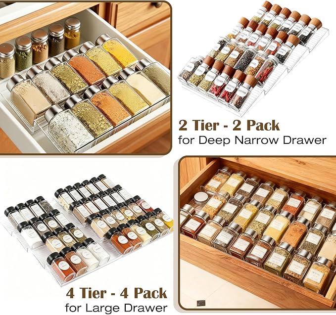 Spice Drawer Organizer, 4 Tier- 4 Pack Clear Acrylic Drawer Seasoning Organizers, Kitchen Spice Rack Tray Expandable From 11" to 22", Spice Rack Insert for Cabinet Countertop(Jars Not Included)