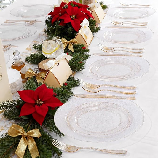 WDF 200PCS Gold Plastic Plates - Gold Glitter Plastic Plates - Heavy Duty Gold Glitter Disposable Plates - Include 100 Dinner Plates 10" and 100 Dessert Plate 7" for Thanksgiving Parties/Wedding