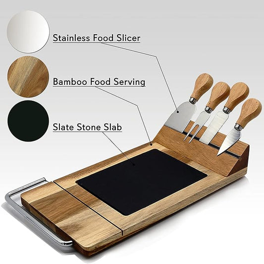 NutriChef Slicing Bamboo Cheese Board Platter - 4 Stainless Steel Knives and Magnet Holder - Modern Wood Snack Serving Tray w/ Stone Slate Slab - Slicer Blade for Cutting - NutriChef PKCZBD50