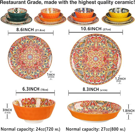 Mandala Dinnerware Sets (16 PCS) Serves for 4, Porcelain Dishes Set, Microwave and Dishwasher Safe, Scratch Resistant, Bohemian Style Dining Ware Service for 4, Colorful No.2