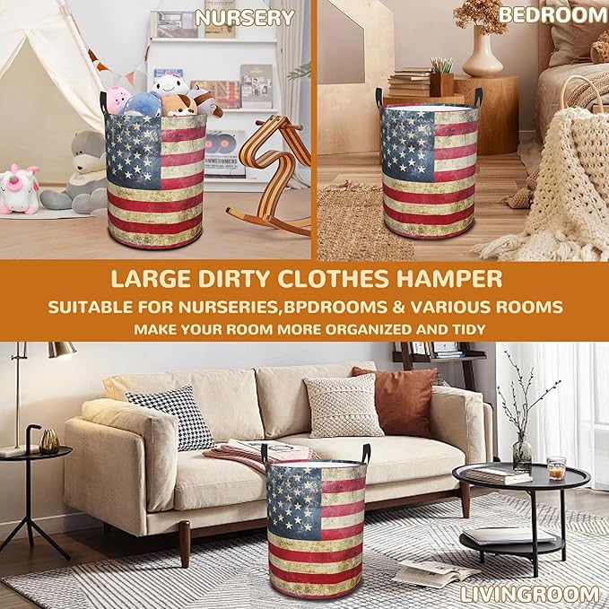 Laundry Basket,American Flag Laundry Hamper Retro Collapsible Organizer Basket,Toy Storage Bin Room Decor Gift Clothes Baskets,Bedroom Children Nursery Hamper 16x20 Inch