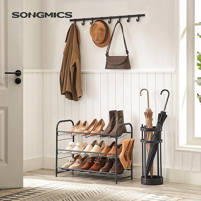 SONGMICS Shoe Rack, 3 Tier Shoe Organizer for Closet, Holds up to 12 Pairs of Shoes, Shoe Rack for Front Door Entrance, Metal Shoe Shelf with Adjustable Tilt Angle, for Entryway, Garage, Black