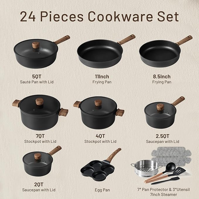 CAROTE 24Pcs Nonstick Kitchen Cookware Sets, Non stick Pots and Pans set, Induction Cookware Set Black