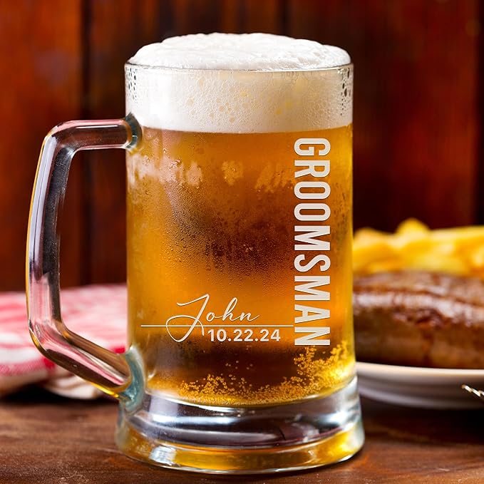 Groomsmen Gifts - Personalized Beer Mugs - Groomsmen Proposal Gift Idea - Customized Gift for Groom, Best Man, Groomsman - Custom Engraved Beer Mugs for Grooms Men - Groomsmen Beer Glasses (Design D)