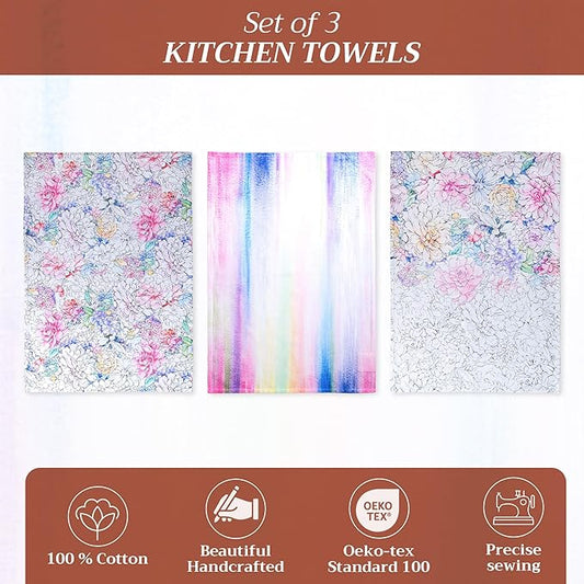 Maison d' Hermine Kitchen Towels Set of 3 100% Cotton 27.50" x 20" Reusable Cloth Tea Dish Towels Absorbent with Hanging Loop for Kitchen, Home, Dining, Cocktail Parties Spring/Summer (Floral Love)